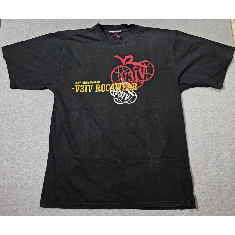 Rocawear Shirt Men 3XL Black Graphic Tee Globe Heart V3IV Hip Hop Streetwear Y2K